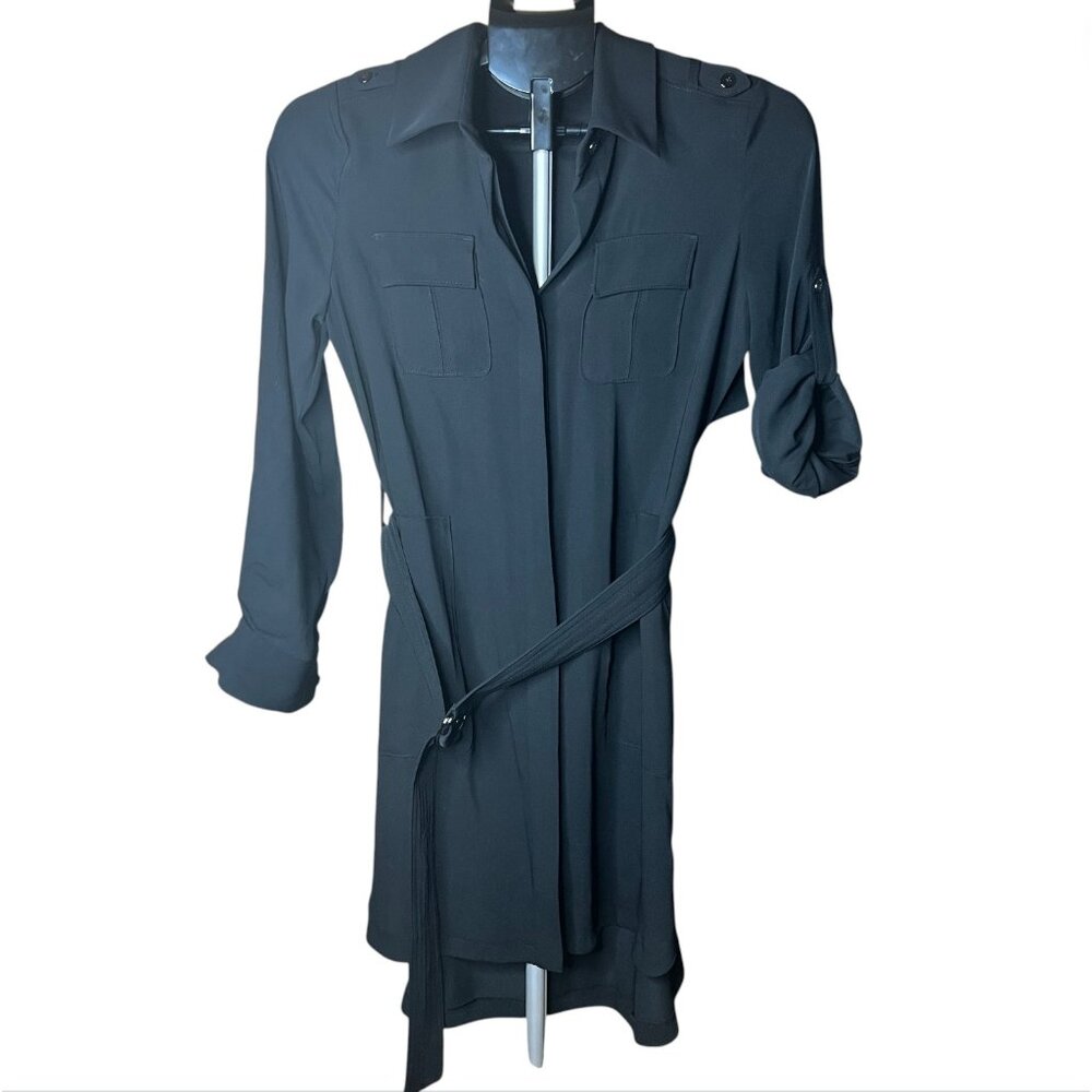 White House Black Market Women Casual Dress 0 Petites Button Up Belt Long Sleeve